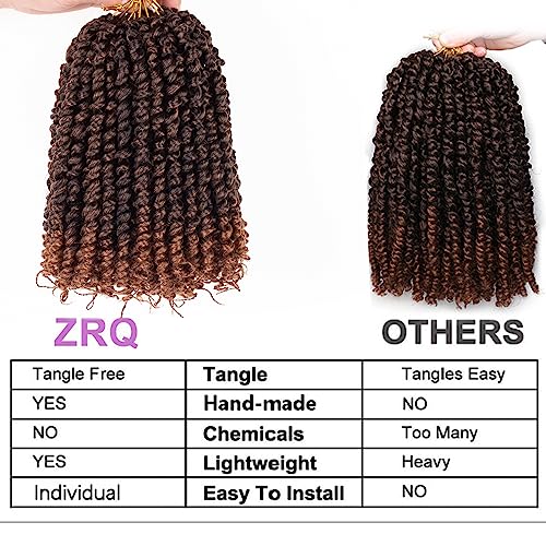 ZRQ Cachos curtos de paixão com cabelo boêmio 25,4 cm, 8 pacotes de crochê pré-torcido, castanho omb
