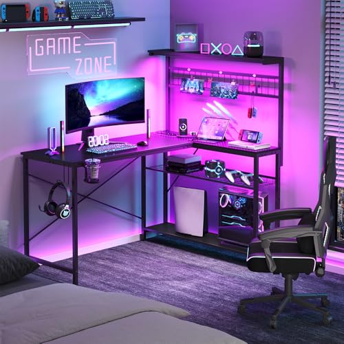 Bestier Escritorio en forma de L con enchufes, iluminación LED, superficie de fibra de carbono y amplio espacio de almacenamiento, perfecto para oficina en casa y juegos - imagen 6