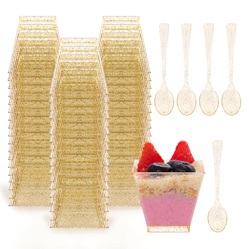 I00000 2oz Gold Glitter Square Mini Plastic Dessert Cups, 2 Ounce Small Plastic Cups with Mini Spoons, Include 100 Pieces Small Parfait Cup and 100 Pieces Gold Spoons for Pudding, Fruit and Ice Cream