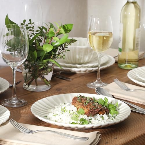 Image of Gibson Elite Peach Orchard 12-Piece New Bone China Dinnerware Set Service for 4, Embossed Fluted Plates and Bowls, Dishwasher and Microwave Safe, Cream White