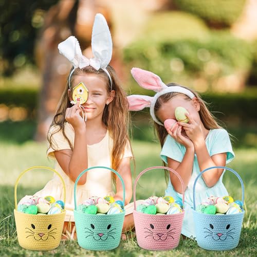 Image of Teenyyou 4 Pack Easter Basket Woven Bunny Baskets with Handles Eggs Hunt Bucket Rabbit Cotton Rope Tote for Baby's First Easter Basket Gift for Baby Toddler Boys Girls(Vivid)