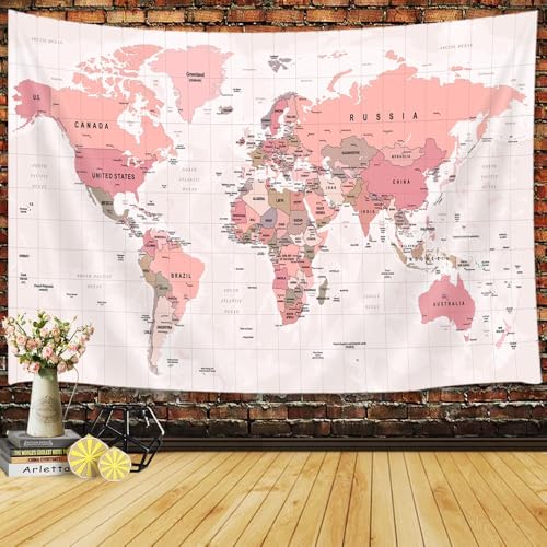 JAWO Educational Tapestry for Kids and Students - Countries and Major Cities Wall Hanging, Asia Europe South America Africa Japan Topography - 48x36 Inch (Mauve)
