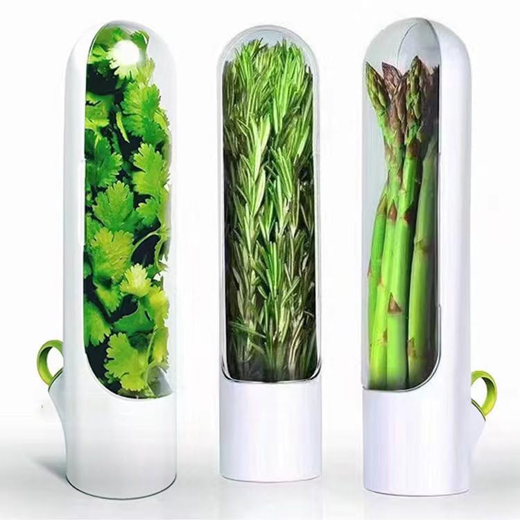LOTUSHU Herb Keeper Herb Saver for Refrigerator, Cilantro Container, Vegetable Preservation Bottle, Veggie Keeper for Kitchen/Picnic, Salad Lovers’ Essential (White 3PCS)