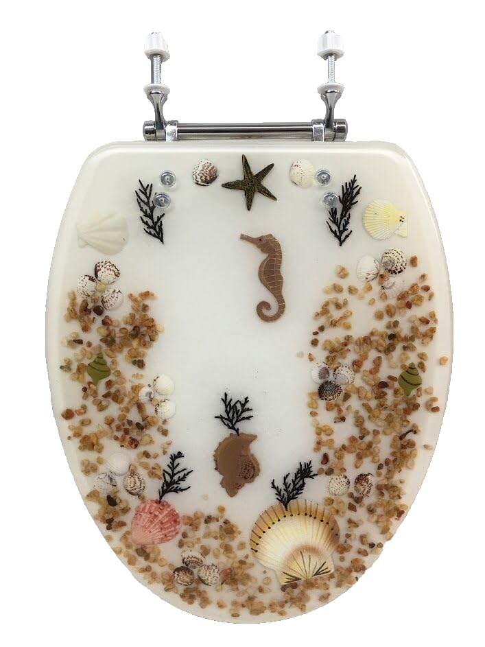 Super-Skin Elongated Ivory Seashell and Seahorse Resin Toilet SEAT, Chrome Hinges-L8
