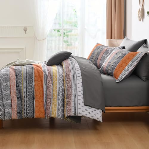 Image of Cottolester Boho Comforter Set Queen Size,8 Pieces Orange Bohemian Striped Bed in a Bag,Paisley Soft Microfiber Bedding Comforter Set