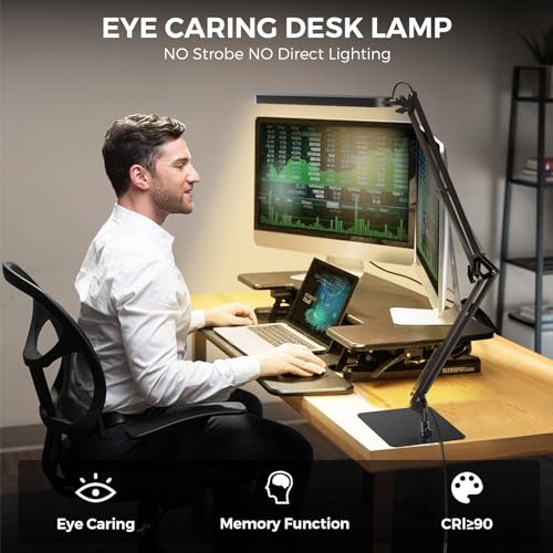 Image of SKYLEO LED Desk Lamp with Slim Base - Adjustable Swing Arm Desk Light, Dimmable, Timer, Eye Protection, Memory Function, 1300LM, 12W, Black