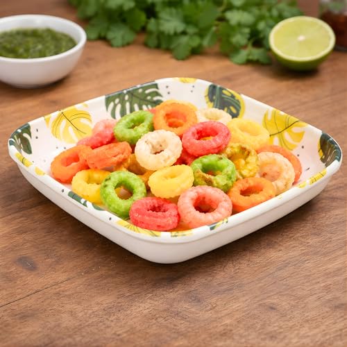 Image of SNKM - Melamine Quarter Snacks Plates | Leaf Printed Design | Set of 8 | Square | Unbreakable | Lightweight | for Snacks, Breakfast, Mughlai Lunch or Dinning | Yellow | Rectangular, Set of 8