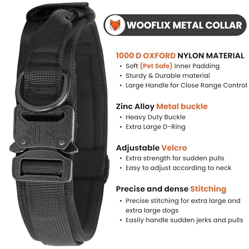 Image of WOOFLIX Metal Dog Collar For Training And Walks | Nylon Collar With Tactical Metal Buckle And D-Ring For Medium And Large Dogs | Dog Collar For Medium And Large Dogs (Extra Large, Black, 25 Cm X 5 Cm)