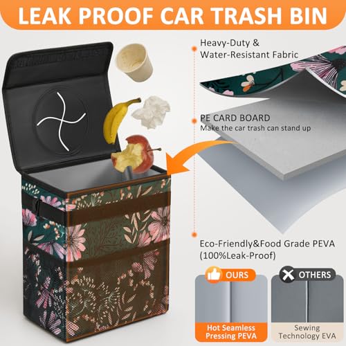 Image of Vankor Car Trash Can for Car Cute, Bag Bin Hanging Waterproof Automotive Garbage Cans Leak Proof Vehicle Trash Can Navy Floral