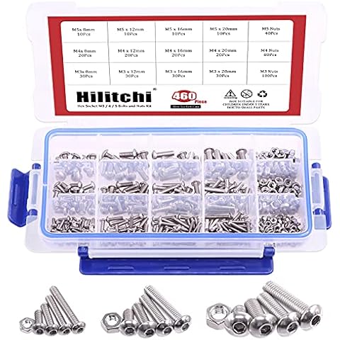 Hilitchi 460-Piece M3 M4 M5 Stainless Steel Button Head Hex Socket Head Cap Bolts Screws Nuts Assortment Kit Cover