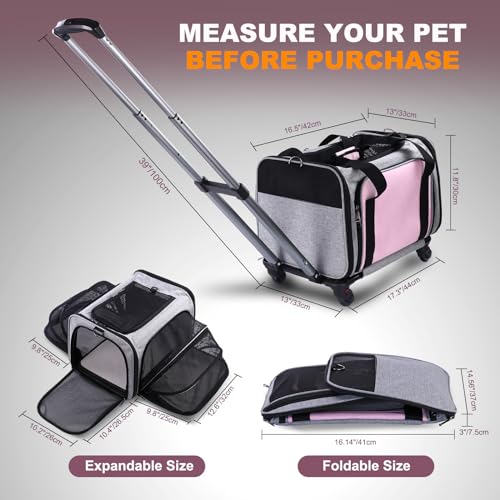 Pet Carrier Airline Approved on Wheels - Two Sided Expandable Cat Soft Carrier for Puppy and Cats Under 26lbs, Rolling Cat Carrier for Airplane, Camping, Outdoor - Image 5
