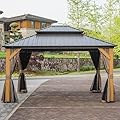 12 x 14FT Cedar Wood Frame Hardtop Gazebo with Galvanized Steel Double Roof, Curtains and Netting, Outdoor Wooden Gazebo Pergola for Patio Lawn Backyard