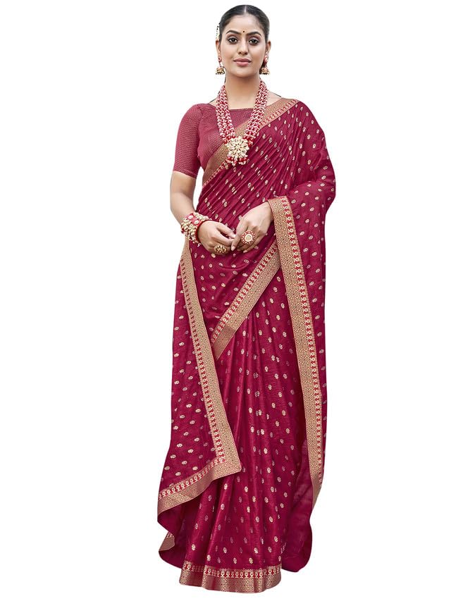 SIRIL Women's Foil Printed Lace Boarder Vichitra Silk Saree with Unstitched Blouse Piece