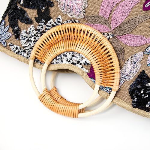 Image of Rattan Wood Handle Sequin Embroidered Floral Beach Bag Tote for Vacation and Wedding Party