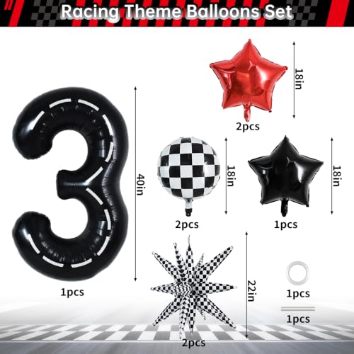 Image of TONIFUL Race Car Party Balloons Set - 40 Inch Racetrack Number 3 Foil Balloon with Checkered & Star Balloons for Boys 3rd Birthday Car Themed Decorations, Baby Shower Photo Backdrop Supplies