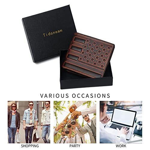 Tidoneam Mens Bifold Wallet With 2 Id Window - Leather Wallets For Men Us Flag Stars Perfect Unique Gift For Men (Wine Red) #TOP6