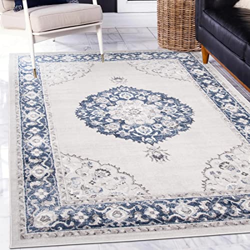 Mazovia Orientalisch Vintage Teppich - Kurzflor - Weich Traditioneller Teppich für Wohnzimmer, Schlafzimmer, Esszimmer - ÖKO-TEX Wohnzimmerteppich - Creme Blau 200 x 300 cm Cover