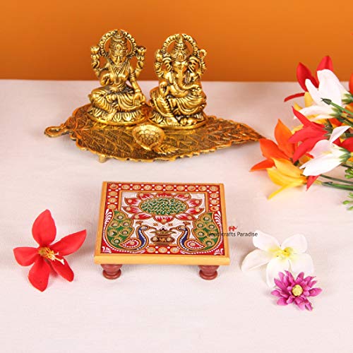 Image of Handicrafts Paradise ( 4 x 4 inch, Set of 10 Pc Marble Chowki with Peacock Design Painted Bajot for God, Home Mandir, Idols Statues Pratima, Home Decor Showpiece for Bulk Return Gifts