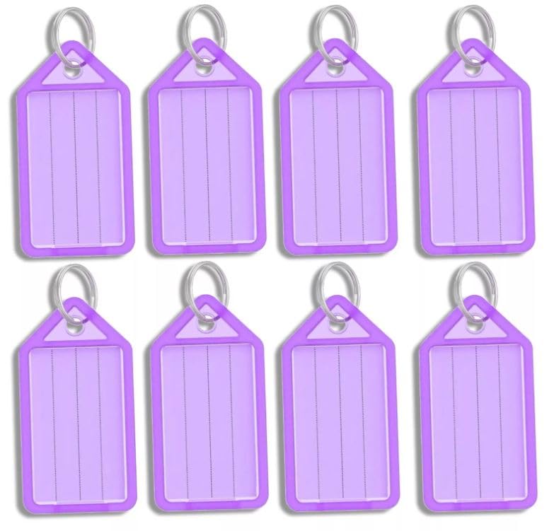 10 Pieces Key Tags with Labels Purple Colour Plastic Key Chain Tags with Ruled Blank Paper Labels Transparent Covers and Split Rings Sturdy Item Identifiers.