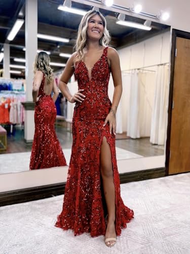 GUKARLEED Women's Sequin Prom Dresses with Slit Sparkly Lace Appliques V Neck Formal Dress Long Mermaid Wedding Guest Dress2