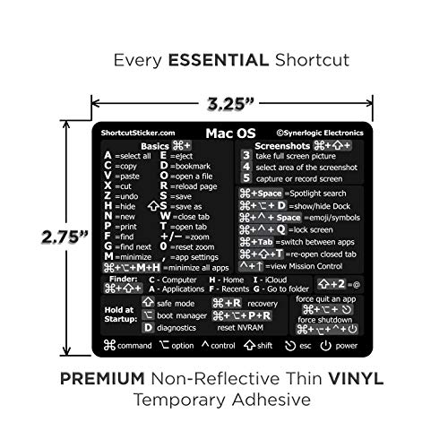 SYNERLOGIC Mac OS Big Sur/Catalina/Mojave/etc. Reference Keyboard Shortcut Sticker v2.0 Premium Black Matte Vinyl, Temporary Adhesive, 3.25\"x2.75\"- For Intel Macbook Air/Pro 13\",15\",16\", iMac/Mac Mini
