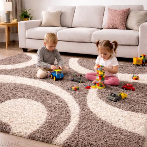 Image of 3D Shaggy Polyester Carpet Rug Runner Area Mats for Bedroom /Living Area /Home with Anti Slip Backing Soft /Fluffy Hight Pile - (Moon Beige, 5x7 feet)