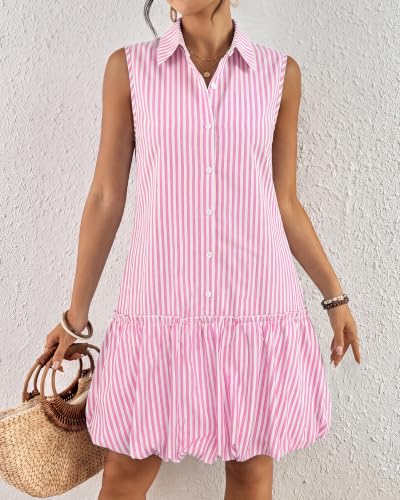 Image of Bsubseach Womens Casual Summer Dresses Sleeveless Linen Bubble Mini Short Dress Button Down Shirt Sundress with Pockets