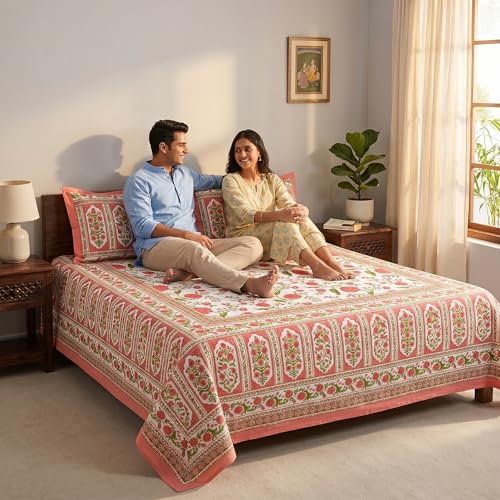 Image of Mafatlal 144 TC Heritage 100% Pure Cotton Jaipuri Bedsheet with Pillow Covers(90x108 inches) | Soft & Breathable Fabric | Traditional Floral Print | Color Burst