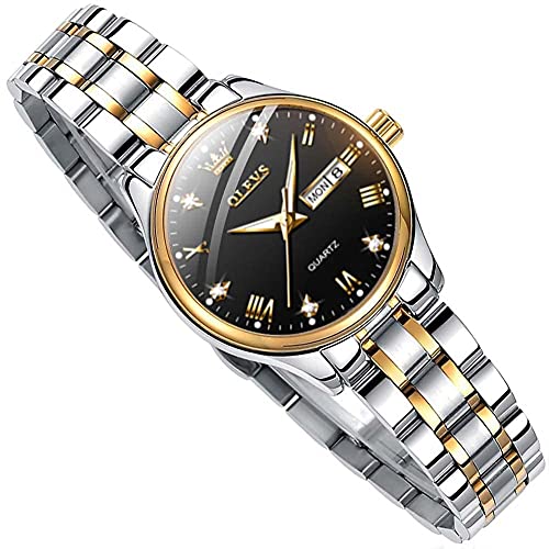 OLEVS Watch for Women Stainless Steel Watches Two Tone Band with Day Date Quartz Analog Fashion Small Face Ladies Watches HD Luminous Waterproof Simple Dress Black Face Female Wristwatch