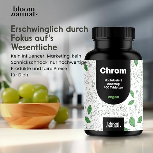 Chrom Picolinat hochdosiert - 400x Tabletten hochdosiert mit 200 mcg Chrom pro Tablette - vegan und produziert in Deutschland - Verpackung kann variieren
