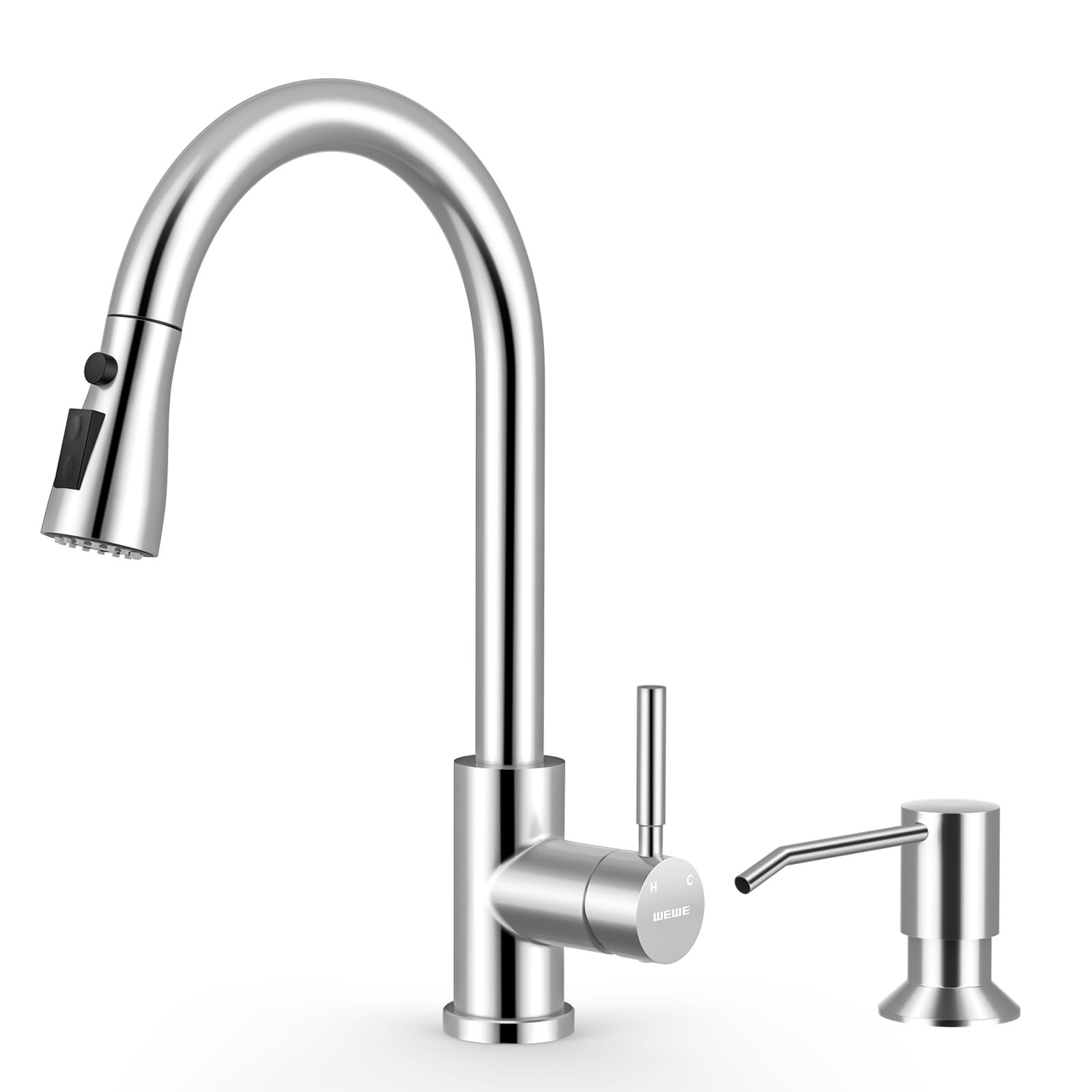 WEWE Kitchen Faucet with Pull Down Sprayer and Soap Dispenser, Polished Chrome High Arc Single Handle Stainless Steel Sink Faucet, Suitable for Farmhouse, RV & Laundry Chrome Antique