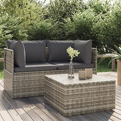 Yolola Poly-Rattan 2-Sitzer Loveseat Set mit Hockern inkl. wetterfeste Polster | Gartensofa Set in Rattan-Optik mit Stauraum | Rattan Garten-Lounge-Möbel Set perfekt für kleine Balkons