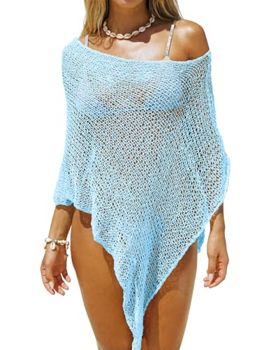 Saodimallsu Womens Sheer Cover Ups Lightweight Crochet Knit Mesh Shrug Summer Trendy Batwing Sleeve Boho Poncho Tops Blue