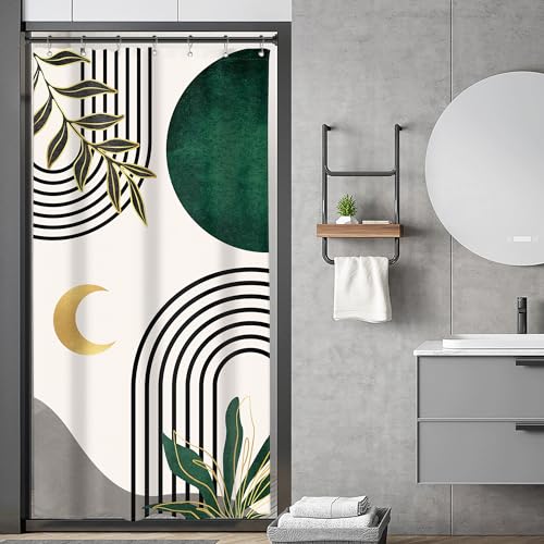 Image of Riyidecor Small Stall Bohemian Mid Century Shower Curtain Abstract Simple Arch Leaves 36Wx72H Inch Rv Narrow Modern Contemporary Moon Green Gold Fabric Decor Bathroom Polyester Waterproof Hooks