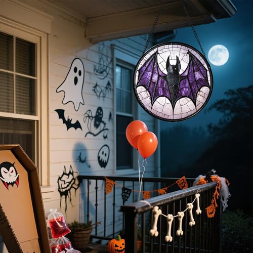 Image of Stained Glass Window Hanging - Halloween Black Bat Purple Wings Monster Suncatcher for Doors Garden Home Spooky Sun Catchers Gothic Decor Horror Gift for Women Men Friend Boy Girl 6.3 in
