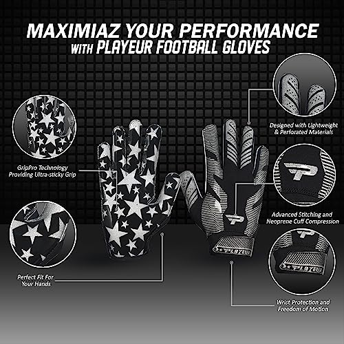 Playeur Star Pro 3.0 Football Gloves With Grippro Technology Extra Tacky Silicone Palm Receiver Lightweight, Perforated And Skin Fit Stylish Adult Youth Football Gloves (Black & Sliver, Youth M/L) #TOP1
