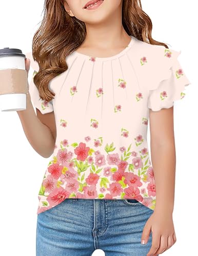 Image of Arshiner Girls T Shirts Ruffle Short Sleeve Summer Pleated Crewneck Casual Tops Tees Blouses