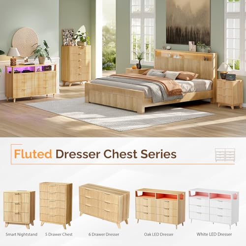 Image of VINGLI Fluted Dresser Led, 6 Drawer Dresser for Bedroom, Light Wood Bedroom Dressers Oak, 47 inch W*15.75 inch D*33 inch H