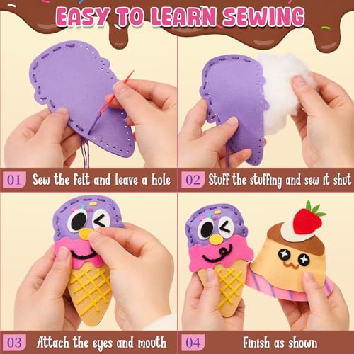 Image of Toylink DIY Sewing Kit for Kids Ages 4-12, 12 Dessert Felt Craft Kit with Pre-Punched Holes, Blunt Plastic Needles, Cotton Stuffing - First Sewing Kit STEM Learning Toys for Girls Boys Birthday Gift