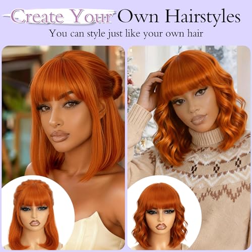Image of ZHENGON 350 Ginger Orange Bob Human Hair Wig with Bangs Silky Straight Glueless Wigs Human Hair 180% Density Bob Wig with Bangs None Lace Machine Made Wigs for Black Women 12Inch