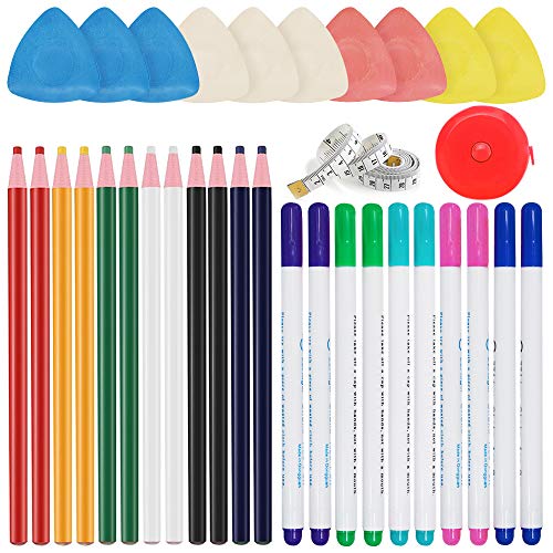 SITAKE 34 Pcs Professional Tailor's Chalk Kit, Including 10 Pcs Tailor's Chalk, 10 Pcs Disappearing Fabric Marker Pen, 12 Pcs Sewing Marking Pencil and 2 Pcs Tape Measures for Sewing Marking