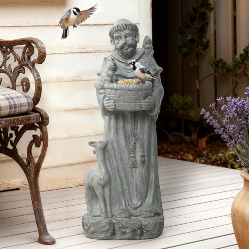 LuxenHome Outdoor St. Francis Statues 27.6 Saint Francis of Assisi MgO Garden Statue with Animal & Birdbath Bowl Religious Statues for Patio Yard Home Decor Outdoor Garden Sculptures