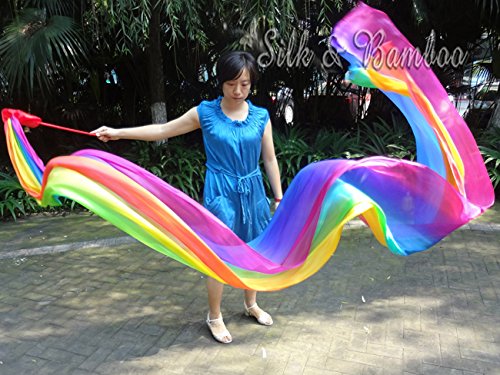 Winged Sirenny 4m Écharpe De Danse En Soie Fluide Et Légère, Avec Pochette Fleur Et Manche Acrylique, Idéale Pour Spectacles, Danse Chinoise, Événements Artistiques Et Festifs (Arc-en-Ciel B