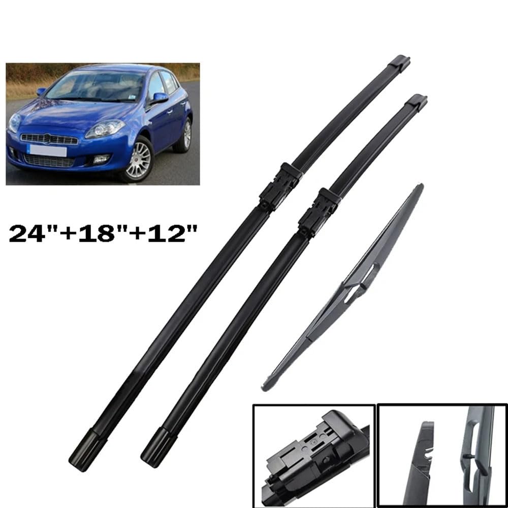 MHART Escobilla Limpiaparabrisas Juego Frontal Trasero para Bravo 2007-2013, Limpiaparabrisas para Ventanas de Limpieza de Caucho 24" 18" 12"