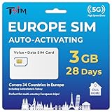 SIM Card for Europe Travel 28Days Holiday with CallHome & Hotspot Tethering. Auto-Activating. 5G Enabled. Roam in 34 Countries incl Switzerland, Turkey. (3GB)