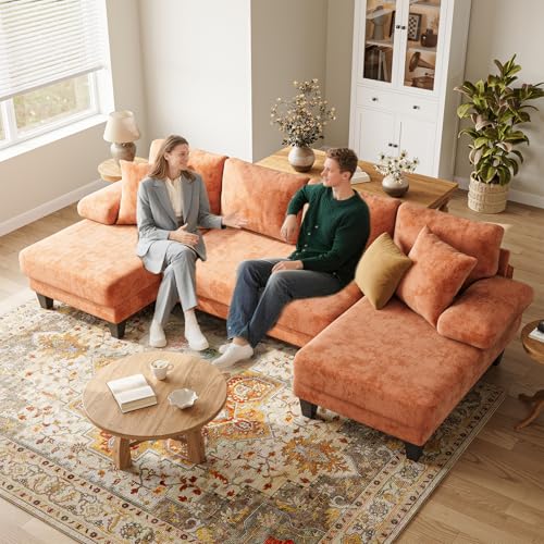 Image of Txtin's Sleeper Sofa with Pull Out Couch Bed | 112 Inch Couches for Living Room | U-Shaped Convertible Sofa Bed | Chenille Orange