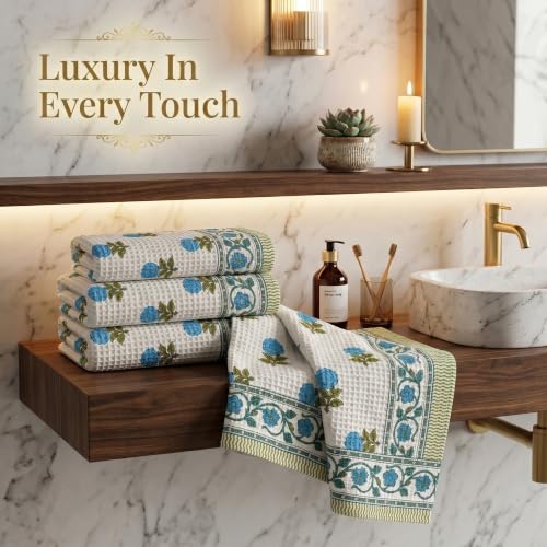 Image of Mafatlal Madhuban Festive Hand Towel Combo| 250 GSM | Set of 4 Waffle Towels 76 x 38 cm Each | Textured Bath Towels for Cleansing & Gentle Scrubbing | Royal Blue