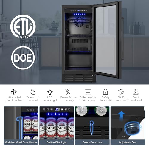 Beverage Refrigerator Cooler, 15 Inch 130 Cans Under Counter Refrigerator Beer Fridge with Glass Door, Adjustable Shelves and LED Light, Bulit-in Soda Fridge for Bedroom Office Bar