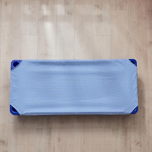 Image of Kingnex Cot Sheets for Daycare Standard Size 23 inch x 51 inch Bed Soft Brushed Microfiber Cut Corner Fitted Cot Sheet Cover 2 Pack Blue Check