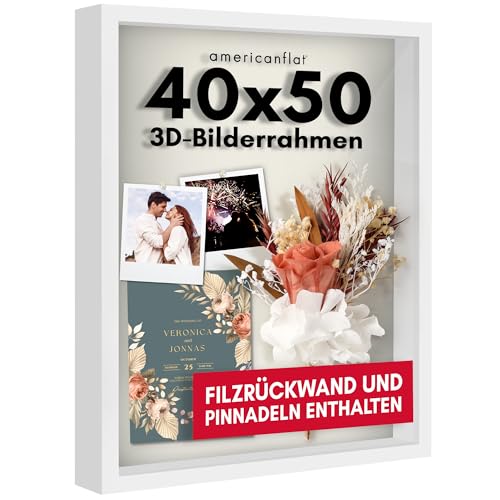 Americanflat 3D-Bilderrahmen zum Befüllen - 40x50 cm - tiefer Objektrahmen mit weichem Leinentuch als Rückwand - MDF-Holzrahmen mit bruchsicherem Plexi-Scheibe und Aufhängung für die Wand - Weiß